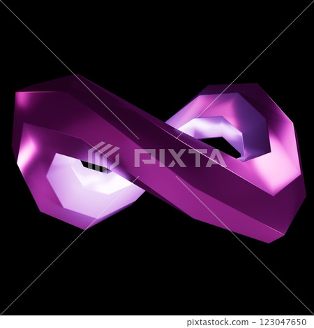 Futuristic 3D faceted infinity symbol, abstract purple ribbon with lighting on a black background, modern digital art, neon geometric shape, concept of infinity and eternity 123047650
