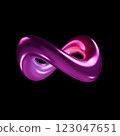 Futuristic 3D infinity symbol, abstract purple ribbon with stand on black background, modern digital art, neon shape, geometric figure, infinity and eternity concept 123047651