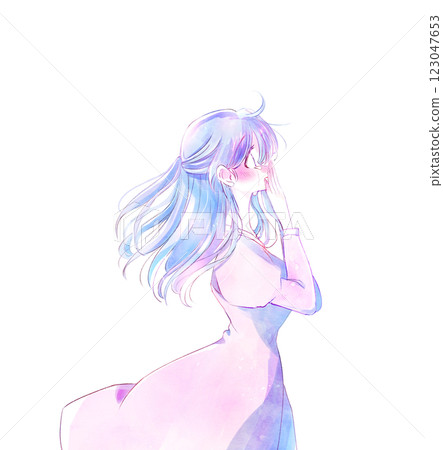 Crying and surprised woman, side view, wind 123047653