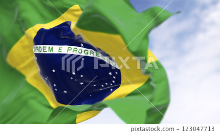 Close-up of national flags of Brazil waving in the wind Close-up of national flags of Brazil waving in the wind 123047713