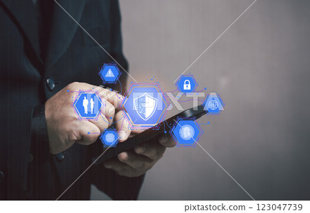 man press smartphone to protect personal data. Protecting the security of online transactions.privacy safety hacker. internet network connection and cyber security solution systems. 123047739