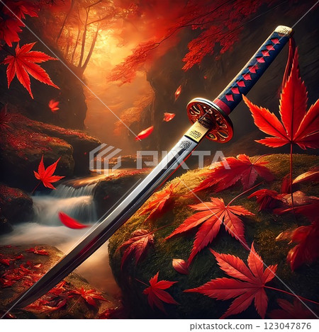 日本武士刀在秋葉中休息 日本武士刀在秋葉中休息 123047876