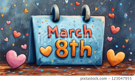 A colorful and fun illustration for International Women's Day, featuring the date March 8th in bold, vibrant letters surrounded by scattered hearts in various colors.  123047955