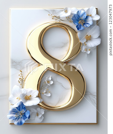 A luxurious golden number 8 framed by elegant white and blue flowers on a marble background, symbolizing elegance and luxury for Women s Day. 123047973