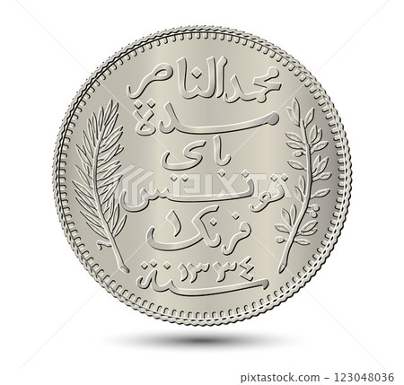 Tunisia 1 franc vector coin on white isolated background. Obverse of Tunisia 1 franc coin. Vector illustration. 123048036