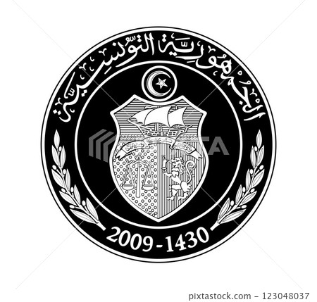 Tunisia 1 dinar vector coin on white isolated background. Obverse of Tunisia 1 dinar coin. The coin is depicted in black and white. Vector illustration. 123048037