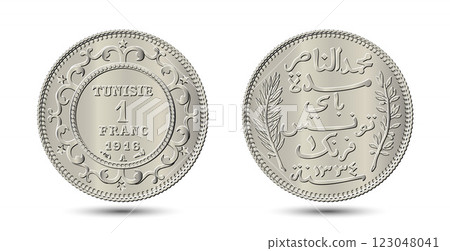 Tunisia 1 franc vector coin on white isolated background. Obverse and reverse of Tunisia 1 franc coin. Vector illustration. Tunisia 1 franc vector coin on white isolated background. Obverse and reverse of Tunisia 1 franc coin. Vector illustration. 123048041