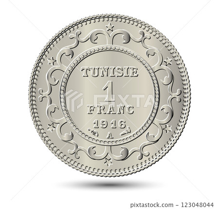 Tunisia 1 franc vector coin on white isolated background. Reverse of Tunisia 1 franc coin. Vector illustration. Tunisia 1 franc vector coin on white isolated background. Reverse of Tunisia 1 franc coin. Vector illustration. 123048044