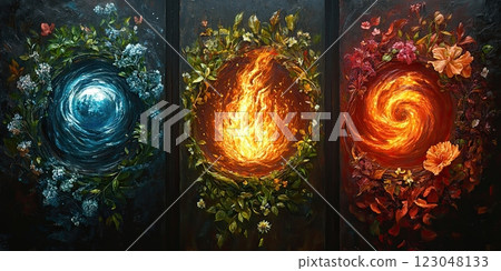 elements of nature forming a circular shape. Earth, wind, fire, air, water. Dramatic dark background 123048133