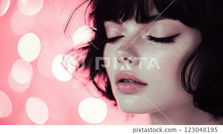 portrait of a woman with a pink overlay. serene gaze and closed eyes create a calming atmosphere. 123048195