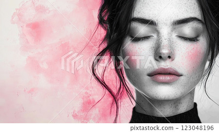 portrait of a woman with a pink overlay. serene gaze and closed eyes create a calming atmosphere. portrait of a woman with a pink overlay. serene gaze and closed eyes create a calming atmosphere. 123048196
