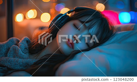 beautiful Japanese girl in rough clothes, lying in bed in a room at night, concept for Lo-Fi music. 123048200