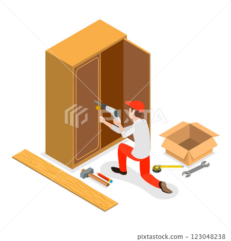 3D Isometric Flat Vector Illustration of Furniture Designe and Assembly Service, Woodwork and Carpentry. Item 1 123048238