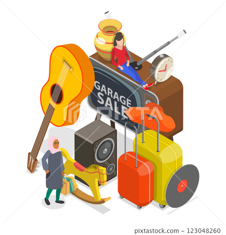 3D Isometric Flat Vector Illustration of Garage Sale, Flea Market, Bazaar. Item 1 123048260