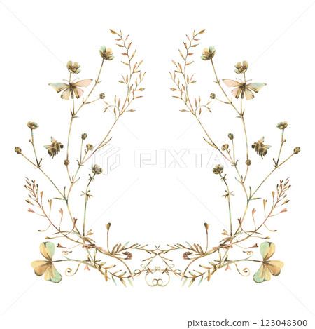 Field, meadow, wild flowers and herbs buttercups with shepherd's purse, pollen, butterfly and bumblebee. Watercolor illustration, hand-drawn in beige, brown and ocher tones. Circle wreath frame 123048300