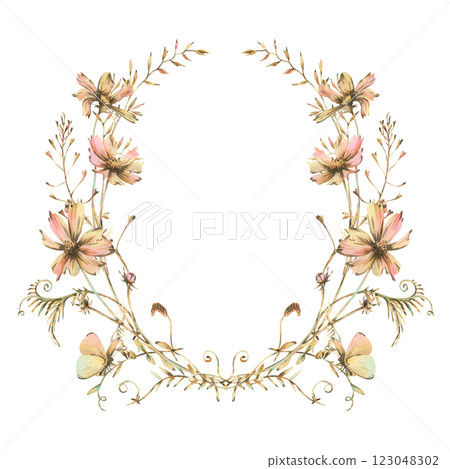 Field, meadow, wild flowers and herbs cosmos and other, butterfly. Watercolor illustration hand drawn in beige, brown and ocher colors. Circle, round, oval wreath frame isolated from background 123048302