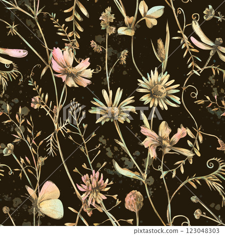 Field, meadow, wild flowers and herbs cosmos, chamomile, clover and insects. Watercolor illustration hand drawn in beige, brown and ocher colors. Seamless pattern on a dark brown background 123048303