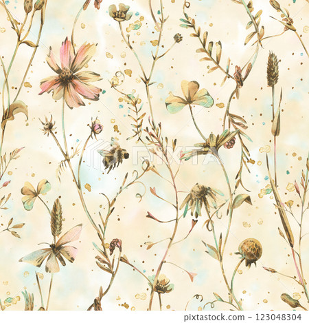 Field, meadow, wild flowers and herbs cosmos, chamomile, clover and insects. Watercolor illustration hand drawn in beige, brown and ocher colors. Seamless pattern on a beige washes background 123048304