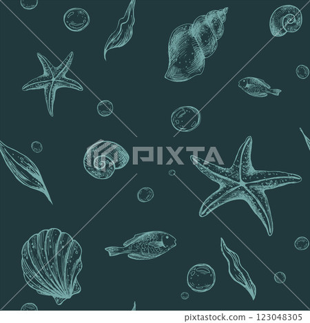 Seashells, starfish, seaweed, fish and bubbles. Graphic illustration hand drawn. Seamless pattern EPS vector on a green background. for fabric, textile, prints, design and decoration. 123048305