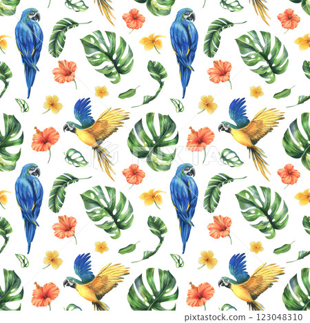 Tropical palm leaves, monstera and flowers of plumeria, hibiscus, bright with blue-yellow macaw parrot. Hand drawn watercolor botanical illustration. Seamless pattern on a white background. 123048310