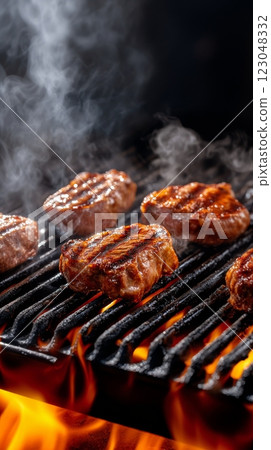 Juicy grilled beef steaks on flaming bbq grill with smoke. 123048332