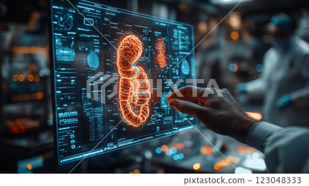 Male scientist in laboratory analyzing holographic medical imaging for research. 123048333