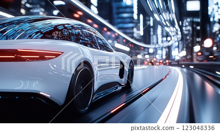 Futuristic white sports car on neon-lit city highway at night. 123048336