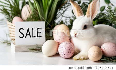 White bunny with easter eggs and sale sign on display. 123048344