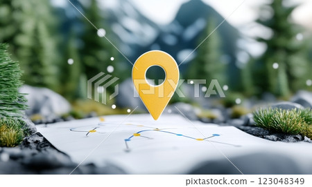 Yellow map marker on a forest pathway amid mountain landscape. 123048349