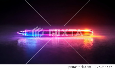 Glowing neon pen on reflective surface with vibrant colors. 123048356