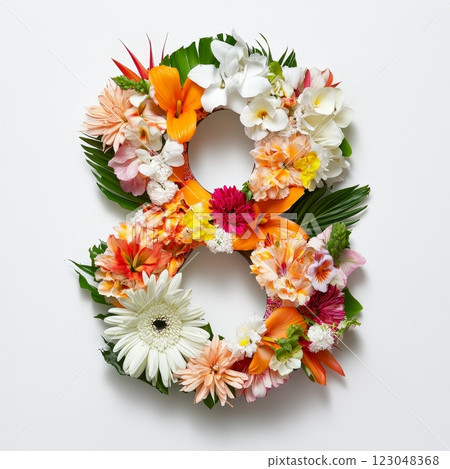 Floral number eight with vibrant blossoms and green leaves on white background. 123048368