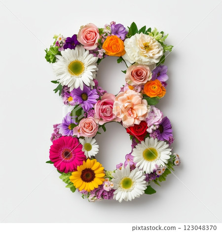 Colorful floral number 8 arrangement with vibrant blooms and greenery on white background. Colorful floral number 8 arrangement with vibrant blooms and greenery on white background. 123048370