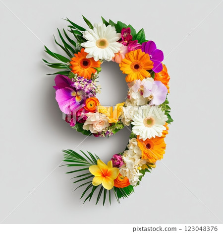 Colorful floral number 9 with diverse flowers and leaves on light background. 123048376