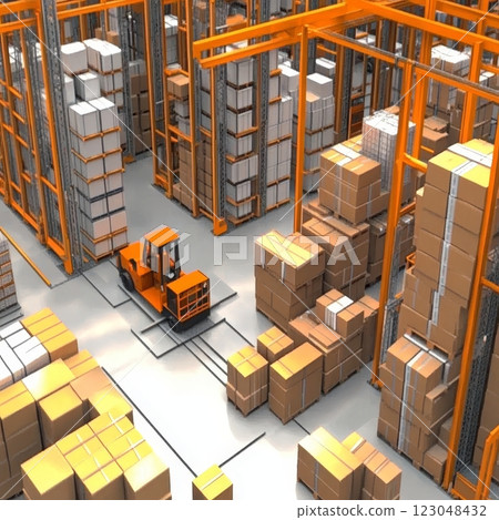 Advanced warehouse logistics with forklift and stacked boxes in industrial setting. 123048432