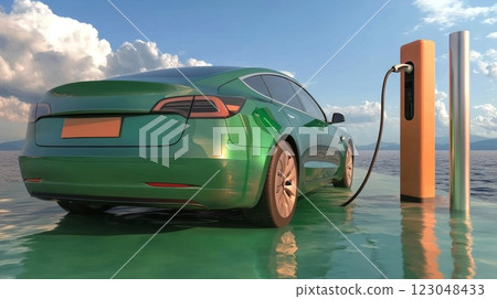Green electric car charging on a futuristic platform over water at sunset. Green electric car charging on a futuristic platform over water at sunset. 123048433