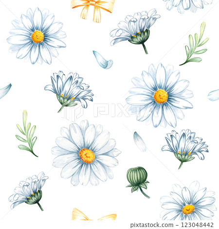 Chamomile, daisy watercolor illustration seamless pattern isolated on a white background. Hand drawn floral botanical painting for wedding, greeting, invitation card, print, scrapbooking 123048442
