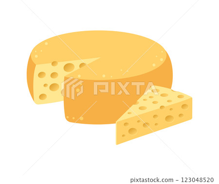 Swiss cheese wheel and slices. Cheese icon. Cheese and pieces of cheese. Illustration Swiss cheese wheel and slices. Cheese icon. Cheese and pieces of cheese. Illustration 123048520