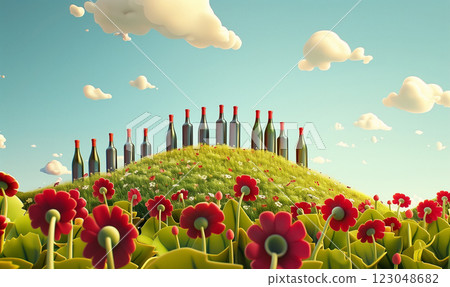 3d bottles of red wine sit on the hill. Flowers watch the wine. Image for winery 3d bottles of red wine sit on the hill. Flowers watch the wine. Image for winery 123048682