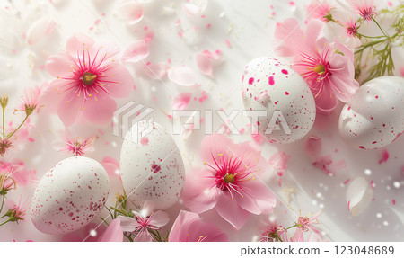 Painted easter eggs with flowers on white background. Pink and white backdrop for greeting messages 123048689