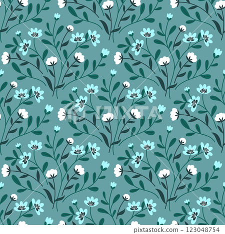Seamless pattern with wild flowers and leaves. Flat style. Seamless pattern with wild flowers and leaves. Flat style. 123048754