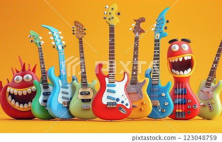 3d monster electric guitars line up on yellow background. For music stores 123048759