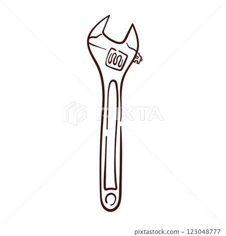 Wrench repair tool logo in line art style. Spanner logo design for hardware store and plumbing industry isolated on a white background. 123048777