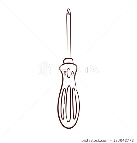 Screwdriver icon in line art style. Hand drawn logo of repair tool for hardware store. Isolated on a white background. Screwdriver icon in line art style. Hand drawn logo of repair tool for hardware store. Isolated on a white background. 123048778
