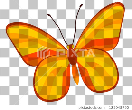 Bright yellow and orange butterfly illustration with a checkered background Bright yellow and orange butterfly illustration with a checkered background 123048790
