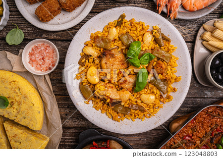 Spanish food table Spanish food table 123048803