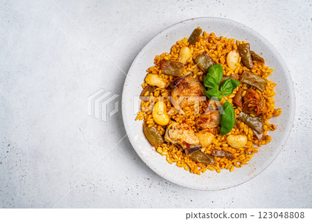 Spanish paella in a metal plate 123048808