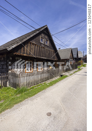 Unique decoration of houses in Cicmany, UNESCO World Heritage Site, Slovakia 123048817
