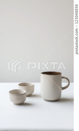 three minimalist speckled cups on a crisp white surface in soft lighting with ample copyspace concept of home decor, interior design, product branding 123048856