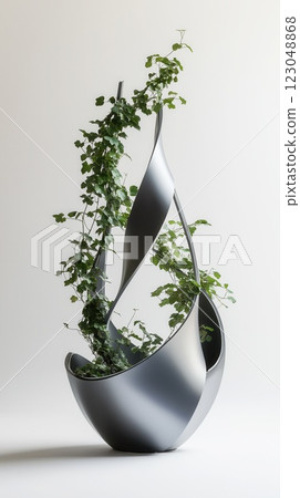 silver swirling planter forming graceful arcs with lush climbing greenery on pale background featuring tranquil vibe copyspace concept of home decor and horticulture 123048868