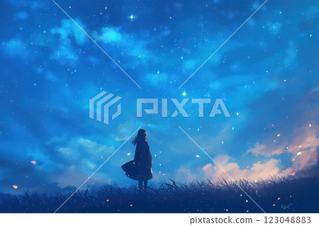 lone silhouette of woman standing under glittering night sky with swirling cosmic clouds evoking dreamy ambiance copyspace concept for mental health and spirituality 123048883
